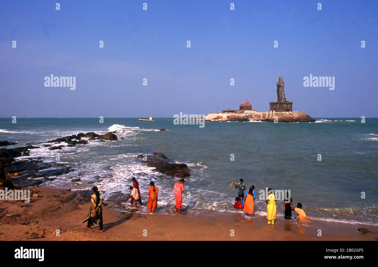 Thiruvalluvar was a Tamil poet and philosopher born in Kanyakumari sometime between the 1st century BCE and the 8th century CE. His contribution to Tamil literature is the Thirukkural, a work on ethics.  Swami Vivekananda (1863 – 1902), born Narendra Nath Datta, was an Indian Hindu monk and chief disciple of the 19th-century saint Ramakrishna. He was a key figure in the introduction of the Indian philosophies of Vedanta and Yoga to the Western world and is credited with raising interfaith awareness, bringing Hinduism to the status of a major world religion during the late 19th century.  Kanyak Stock Photo
