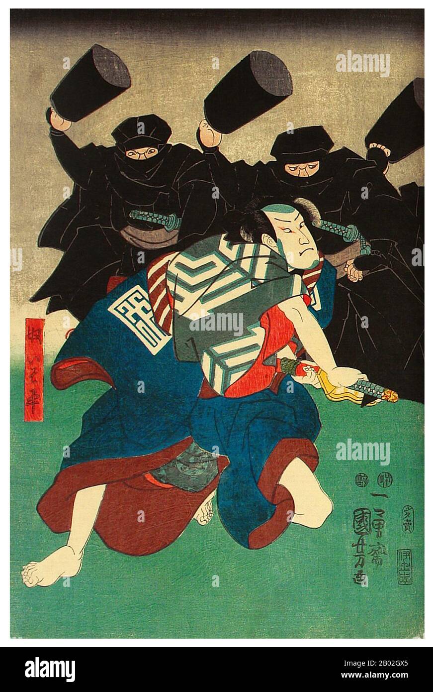 Japan: Ninja attack. Ukiyo-e woodblock print by Utagawa Kuniyoshi (1797-1861), c. 1851-1853.  A ninja, or shinobi, was a covert agent or mercenary in feudal Japan who specialised in unorthodox warfare. The functions of the ninja included espionage, sabotage, infiltration and assassination, and open combat in certain situations.  Their covert methods of waging war contrasted the ninja with the samurai, who observed strict rules about honour and combat. The shinobi proper, a specially trained group of spies and mercenaries, appeared in the Sengoku or 'warring states' period. Stock Photo