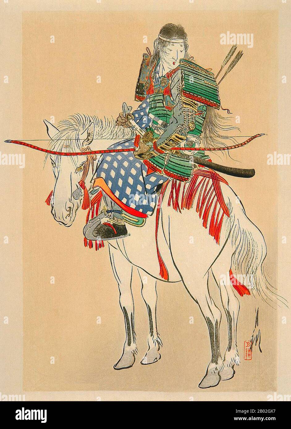 The renowned female samurai, Tomoe-gozen in the 11th Century. Her husband or love was the Genji General Kiso Yoshinaka.  According to the 'The Tale of Heike', Tomoe was especially beautiful, with white skin, long hair, and charming features. She was also a remarkably strong archer, and as a swords-woman she was a warrior worth a thousand, ready to confront a demon or a god, mounted or on foot.  She handled unbroken horses with superb skill; she rode unscathed down perilous descents. Whenever a battle was imminent, Yoshinaka sent her out as his first captain, equipped with strong armor, an over Stock Photo