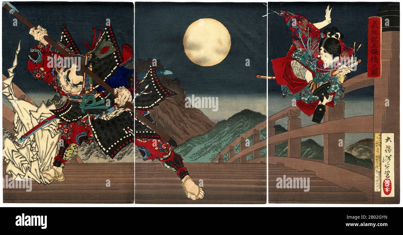 This triptych illustrates an episode from the life of the popular hero Yoshitsune (1159-89), who was also known as Ushiwaka-maru (young ox).  On one of his nightly outings from the temple, 12-year-old Yoshitsune encountered Benkei on the Gojo Bridge in Kyoto. Benkei, a wild giant of a man, had been told by a sword-smith that he could forge a magic sword from the tips and cutting edges of a thousand blades. He obtained the swords by attacking samurai warriors crossing the Gojo Bridge.  One night he saw the young Ushiwaka approaching; he was carrying what would be his one-thousandth sword. Benke Stock Photo