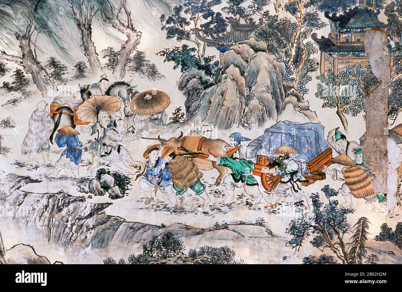'Journey to the West' is one of the Four Great Classical Novels of Chinese literature. Originally published anonymously in the 1590s during the Ming Dynasty, its authorship has been ascribed to the scholar Wu Cheng'en since the 20th century. In English-speaking countries, the tale is also often known simply as Monkey.  The novel is a fictionalised account of the legendary pilgrimage to India of the Buddhist monk Xuanzang. The monk travelled to the Western Regions during the Tang dynasty, to obtain sacred texts (sūtras). The Bodhisattva Guan Yin, on instruction from the Buddha, gives this task Stock Photo