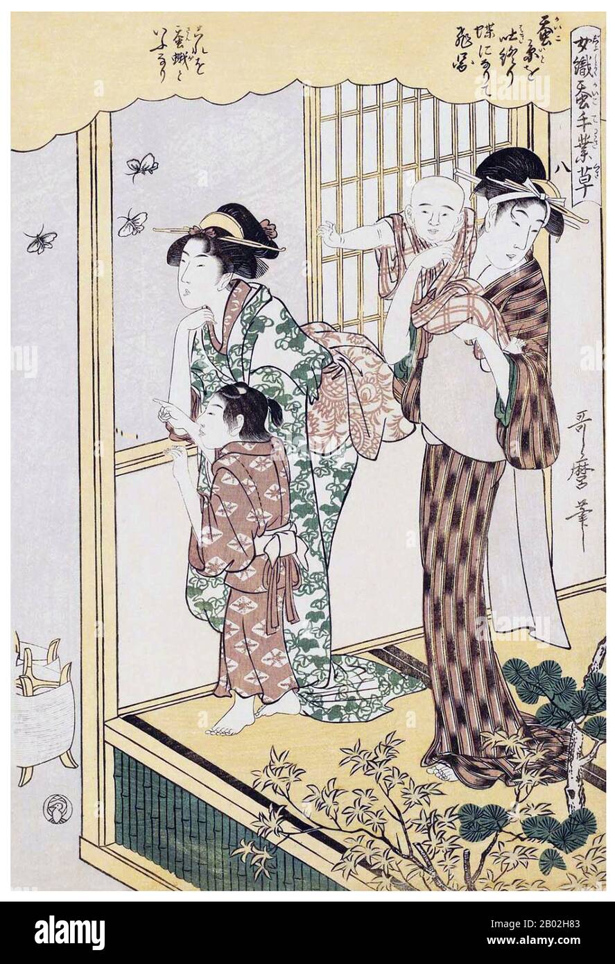 8. 'Watching moths', depicting two women and their children watching flying moths in the evening.  Kitagawa Utamaro (ca. 1753 - October 31, 1806) was a Japanese printmaker and painter, who is considered one of the greatest artists of woodblock prints (ukiyo-e). He is known especially for his masterfully composed studies of women, known as bijinga. He also produced nature studies, particularly illustrated books of insects. Stock Photo