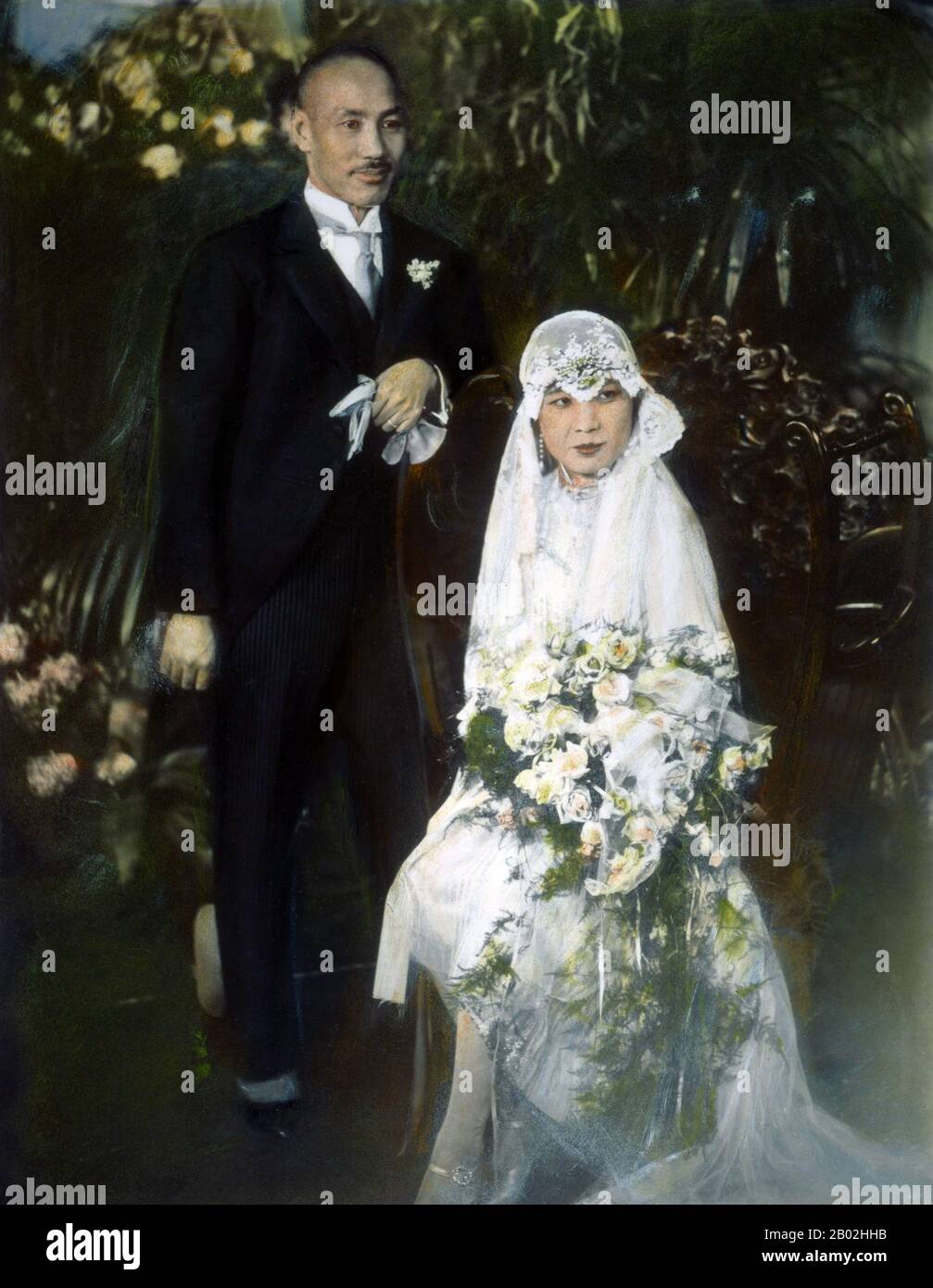 Marriage of Chiang Kai Shek and Soong May Ling, Shanghai, December 1 1927. Soong May-ling or Mei-ling, also known as Madame Chiang Kai-shek (Song Meiling, 1898-2003), First Lady of the Republic of China (ROC) and wife of President Chiang Kai-shek.  She was a politician and painter. The youngest and the last surviving of the three Soong sisters, she played a prominent role in the politics of the Republic of China and was the sister in law of Song Qingling, wife of President Sun Yat-sen, the founder of the Chinese Republic (1912). Stock Photo