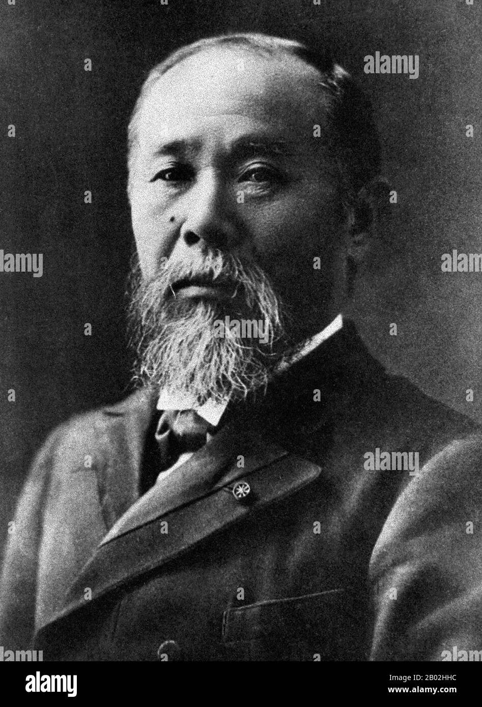Prince Itō Hirobumi, (伊藤 博文?, October 16, 1841 – October 26, 1909, also called Hirofumi / Hakubun and Shunsuke in his youth) was a samurai of Chōshū domain, Japanese statesman, four time Prime Minister of Japan (the 1st, 5th, 7th and 10th), genrō and Resident-General of Korea.  Itō was assassinated by Korean independence activist An Jung-geun in 1909. Stock Photo
