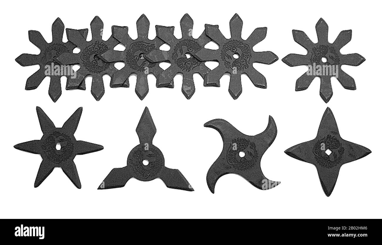 A shuriken (Japanese 手裏剣; literally: 'sword hidden in user's hand') is a traditional Japanese concealed weapon that was generally used for throwing, and sometimes stabbing or slashing. They are sharpened hand-held blades made from a variety of everyday items, such as needles, nails, and knives, as well as coins, washers, and other flat plates of metal. Shuriken is the name given to any small-bladed object, while shaken is traditionally used to indicate the well-known 'throwing star'.  Shuriken are commonly known in the West as 'throwing stars' or 'ninja stars' though they took many different s Stock Photo