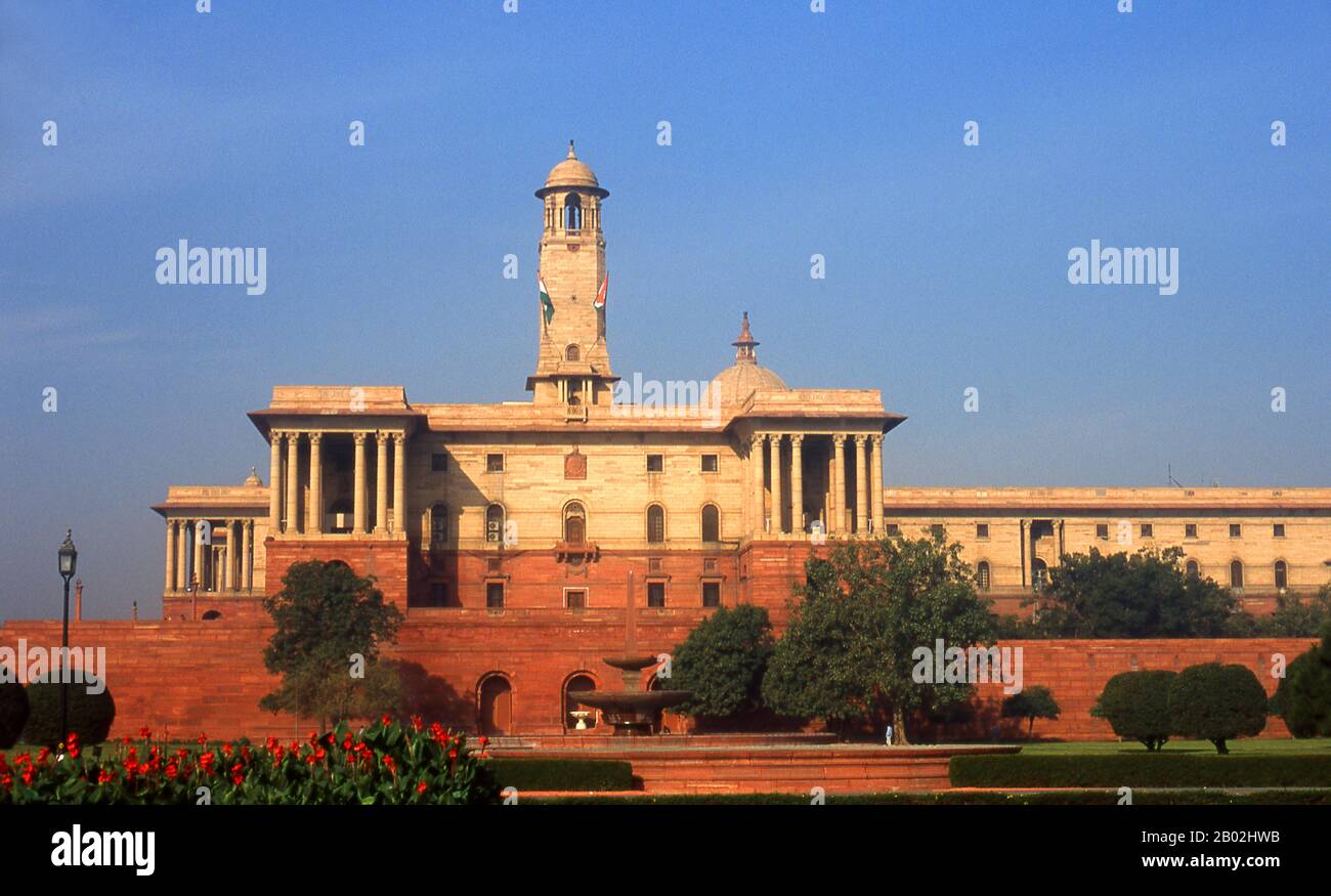 The Secretariat Building was designed by the prominent British architect Herbert Baker in Indo-Saracenic Revival architecture. Both the identical building have four levels, each with about 1,000 rooms, in the inner courtyards to make space for future expansions.  Delhi is said to be the site of Indraprashta, capital of the Pandavas of the Indian epic Mahabharata. Excavations have unearthed shards of painted pottery dating from around 1000 BCE, though the earliest known architectural relics date from the Mauryan Period, about 2,300 years ago. Since that time the site has been continuously settl Stock Photo
