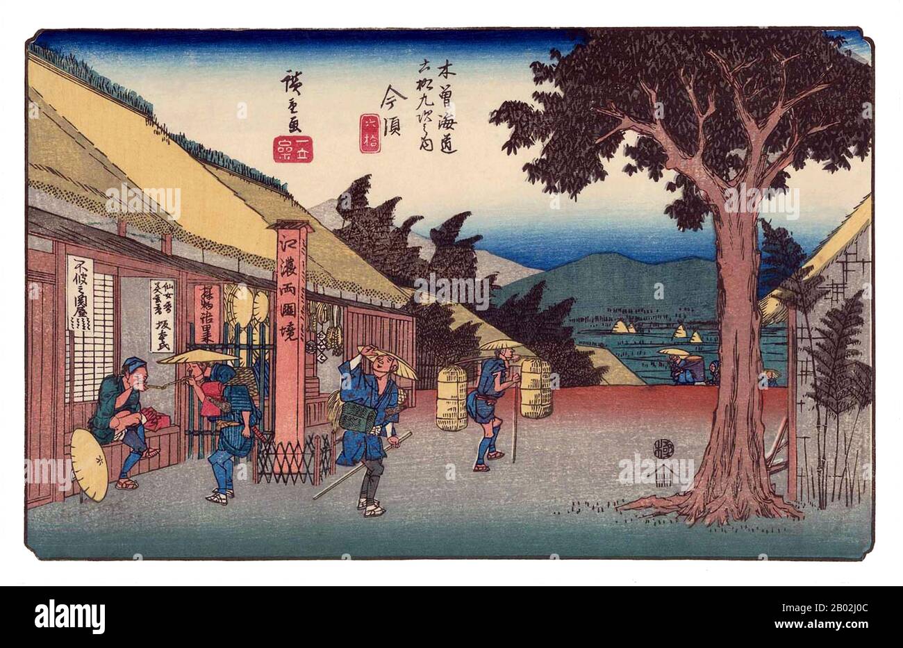 Japan: 'Imasu-juku'. Ukiyo-e woodblock print No. 60 from the series 'The Sixty-Nine Stations of the Kisokaido' by Keisai Eisen (1790-1848), c. 1835-1838.  The Sixty-nine Stations of the Kiso Kaidō (Kiso Kaidō Rokujūkyū-tsugi) or Sixty-nine Stations of the Kiso Road, is a series of ukiyo-e works created by Utagawa Hiroshige (1797-1858) and Keisai Eisen.  There are 71 total prints in the series (one for each of the 69 post stations and Nihonbashi; Nakatsugawa-juku has two prints). The common name for the Kiso Kaidō is 'Nakasendō' or 'Central Mountain Highway'. Stock Photo