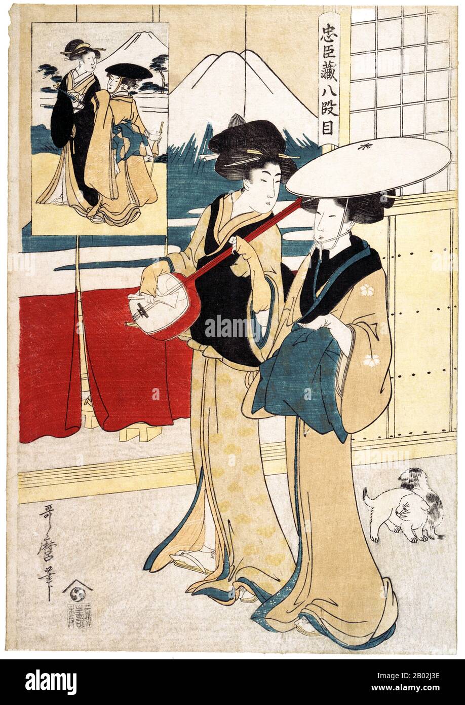 Japan: Tonase and Konami, two tori-oi (鳥追い), or itinerant women musicians with a shamisen. Chusingura Act 8. Kitagawa Utamaro (ca. 1753 - October 31, 1806), 1801. Kitagawa Utamaro was a Japanese printmaker and painter, who is considered one of the greatest artists of woodblock prints (ukiyo-e). He is known especially for his masterfully composed studies of women, known as bijinga. He also produced nature studies, particularly illustrated books of insects. Stock Photo