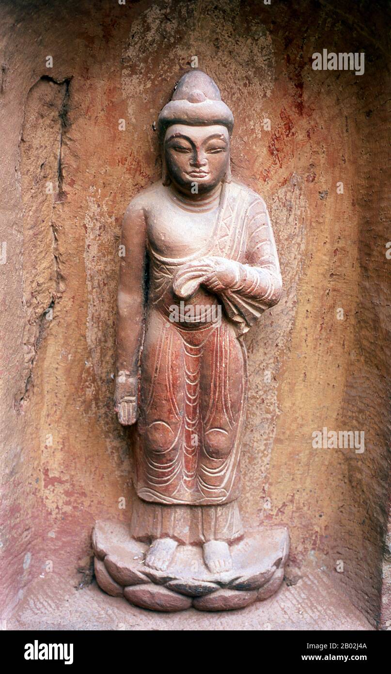China: Buddhist stone relief carved into the rock face, Binglingsi ...