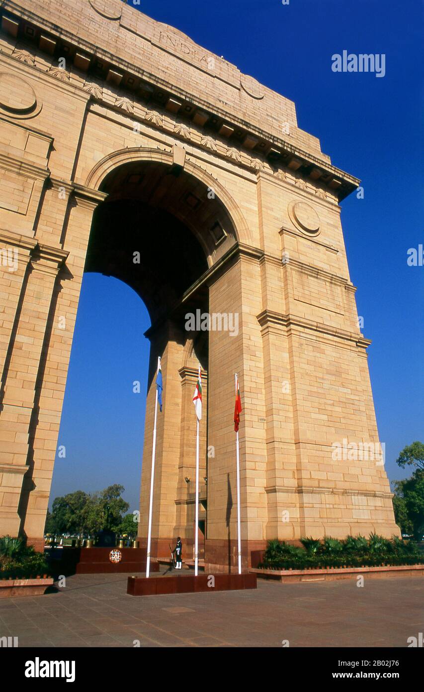 The India Gate, originally called the All India War Memorial, is a war memorial located astride the Rajpath, on the eastern edge of the ‘ceremonial axis’ of New Delhi, formerly called Kingsway.  The names of some 70,000 Indian soldiers who died in World War I, in France and Flanders, Mesopotamia, and Persia, East Africa, Gallipoli and elsewhere in the near and the far-east, between 1914–19, are inscribed on the memorial arch. In addition, the war memorial bears the names of some 12,516 Indian soldiers who died while serving in India or the North-west Frontier and during the Third Afghan War. Stock Photo