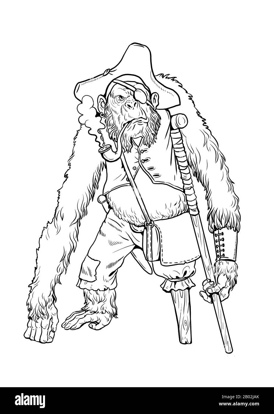 Chimpanzee pirate coloring page. Outline illustration. Monkey and apes pirates coloring sheet. Stock Photo