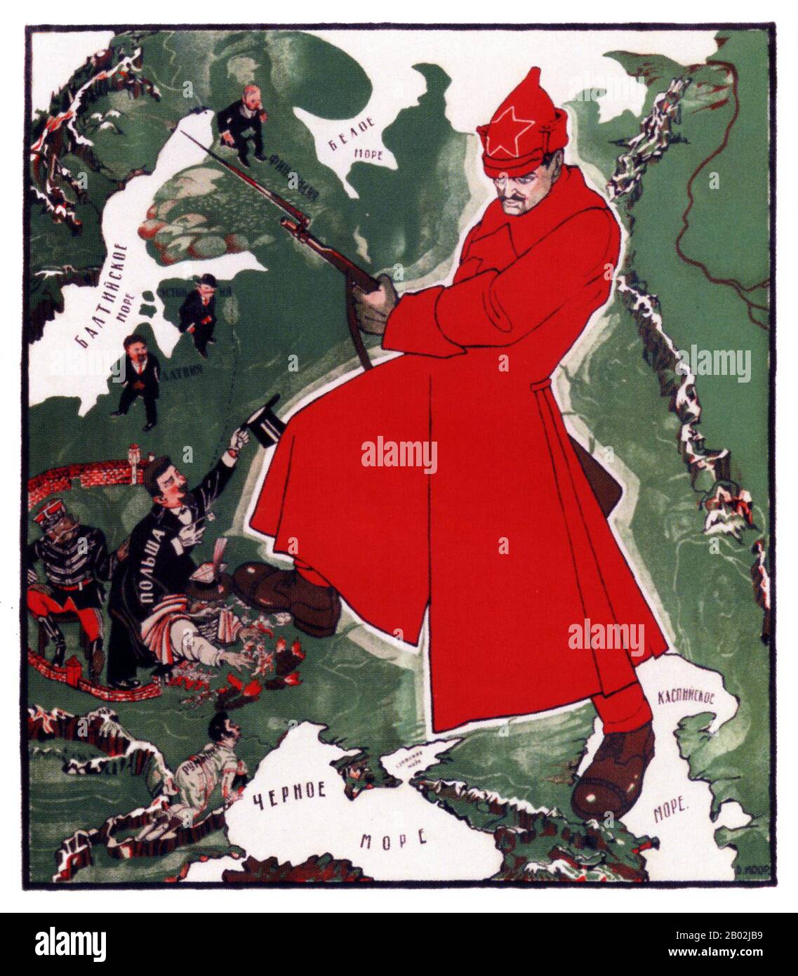 Russia: Leon Trotsky (7 November 1879 - 21 August 1940), founder and first leader of the Red Army, defends Russia against European intervention. Revolutionary poster by Dmitrii Moor (1883-1946), Russian Civil War, c. 1921.  Leon Trotsky (born Lev Davidovich Bronshtein) was a Russian Marxist revolutionary and theorist, Soviet politician, and the founder and first leader of the Red Army.  Trotsky was initially a supporter of the Menshevik Internationalists faction of the Russian Social Democratic Labour Party. He joined the Bolsheviks immediately prior to the 1917 October Revolution. Stock Photo