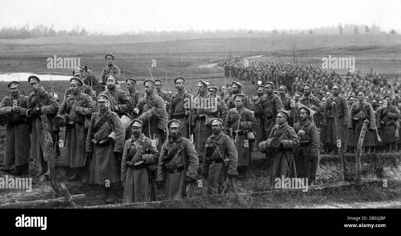 World War One was to have a devastating impact on Russia. When World War One started in August 1914, Russia responded by patriotically rallying around Nicholas II.  Military disasters at the Masurian Lakes and Tannenburg greatly weakened the Russian Army in the initial phases of the war. The growing influence of Gregory Rasputin over the Romanov’s did a great deal to damage the royal family and by the end of the spring of 1917, the Romanovs, who had ruled Russia for just over 300 years, were no longer in charge of a Russia that had been taken over by Kerensky and the Provisional Government.  B Stock Photo