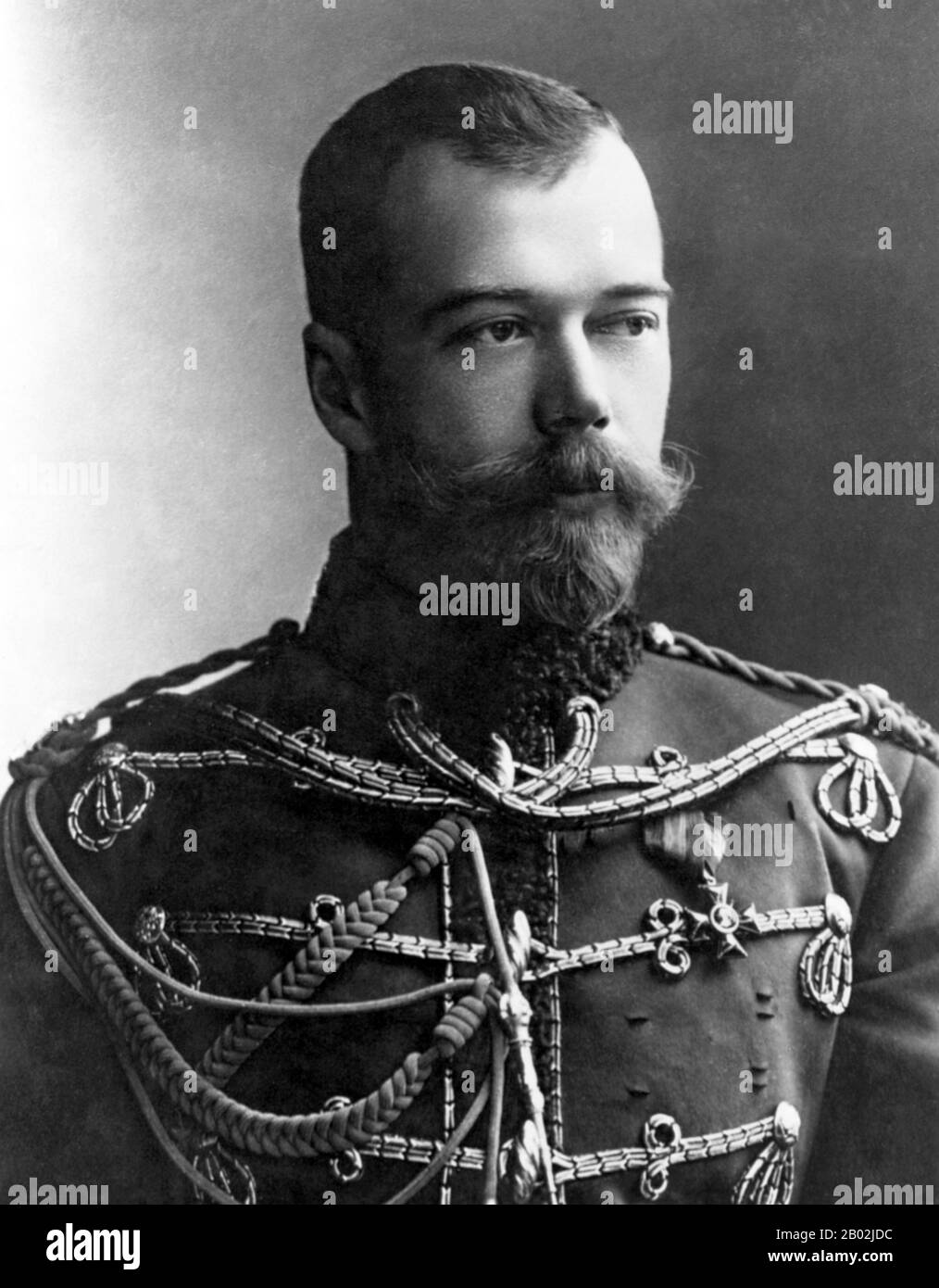 Nicholas II (18 May 1868 – 17 July 1918) was the last Emperor of Russia, Grand Duke of Finland, and titular King of Poland. His official short title was Nicholas II, Emperor and Autocrat of All the Russias. Like other Russian Emperors he is commonly known by the monarchical title Tsar (though Russia formally ended the Tsardom in 1721). He is known as Saint Nicholas the Passion-Bearer by the Russian Orthodox Church and has been referred to as Saint Nicholas the Martyr.  Nicholas II ruled from 1 November 1894 until his forced abdication on 15 March 1917. His reign saw Imperial Russia go from bei Stock Photo