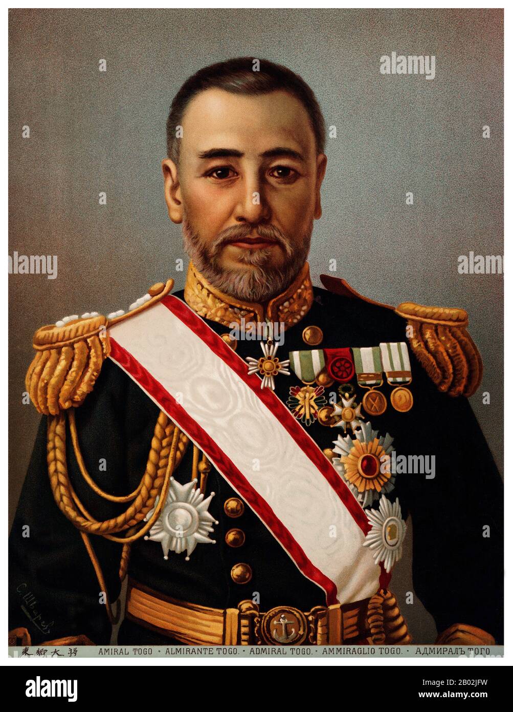 During the Russo-Japanese War, Tōgō engaged the Russian navy at Port Arthur and the Yellow Sea in 1904, and destroyed the Russian Baltic Fleet at the Battle of Tsushima in 1905, a battle which shocked the world.  Tsushima had broken the Russian strength in East Asia, and is said to have triggered various uprisings in the Russian Navy (1905 uprisings in Vladivostok and the Battleship Potemkin uprising), contributing to the Russian Revolution of 1905.  Togo was termed by Western journalists  'The Nelson of the East', after the British admiral who defeated the French and Spanish at Trafalgar. Stock Photo