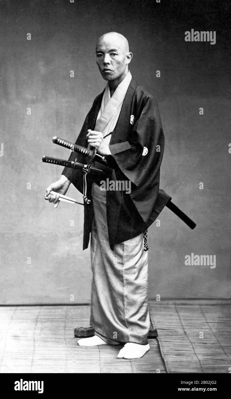 Samurai is the term for the military nobility of pre-industrial Japan. By the end of the 12th century, samurai became almost entirely synonymous with bushi, and the word was closely associated with the middle and upper echelons of the warrior class.  The samurai followed a set of rules that came to be known as Bushidō. While they numbered less than ten percent of Japan's population, samurai teachings can still be found today in both everyday life and in martial arts such as Kendō, meaning the way of the sword. Stock Photo