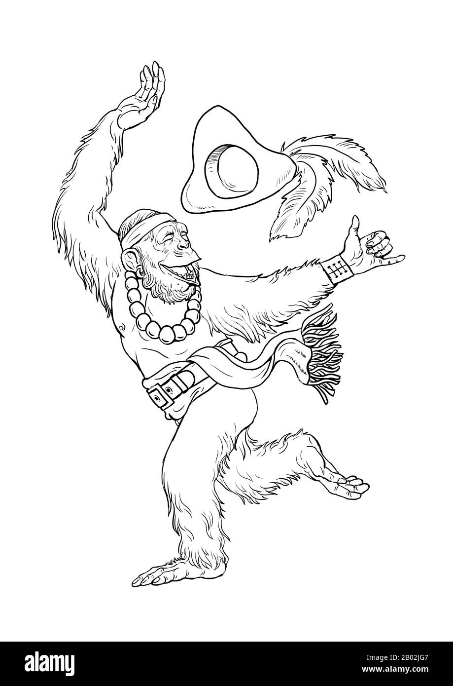 Chimpanzee pirate dances coloring page. Outline illustration. Monkey and apes pirates coloring sheet. Stock Photo