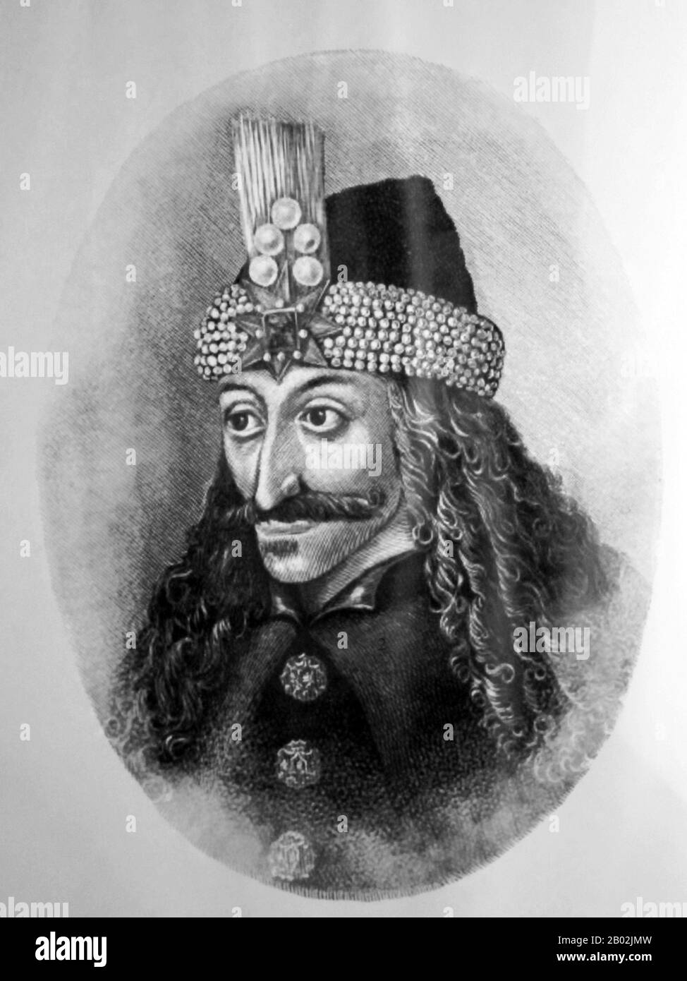 Vlad III, Prince of Wallachia (1431–1476/77), was a member of the House of Drăculești, a branch of the House of Basarab, also known, using his patronymic, as (Vlad) Drăculea or (Vlad) Dracula.  He was posthumously dubbed Vlad the Impaler (Romanian: Vlad Țepeș), and was a three-time Voivode of Wallachia, ruling mainly from 1456 to 1462, the period of the incipient Ottoman conquest of the Balkans. His father, Vlad II Dracul, was a member of the Order of the Dragon, which was founded to protect Christianity in Eastern Europe.  Vlad III is revered as a folk hero in Romania as well as other parts o Stock Photo