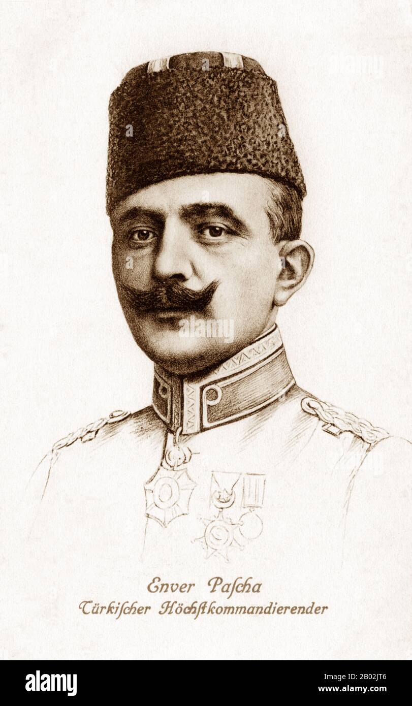 Ismail Enver Pasha (Ottoman Turkish: اسماعیل انور پاشا; Turkish: İsmail Enver Paşa; 22 November 1881 – 4 August 1922), commonly known as Enver Pasha, was an Ottoman military officer and a leader of the 1908 Young Turk Revolution. He was the main leader of the Ottoman Empire in both Balkan Wars and World War I.   After the 1913 Ottoman coup d'état, Enver Pasha became the Minister of War of the Ottoman Empire, forming one-third of the triumvirate known as the 'Three Pashas' (along with Talaat Pasha and Djemal Pasha) that held de facto rule over the Empire from 1913 until the end of World War I i Stock Photo