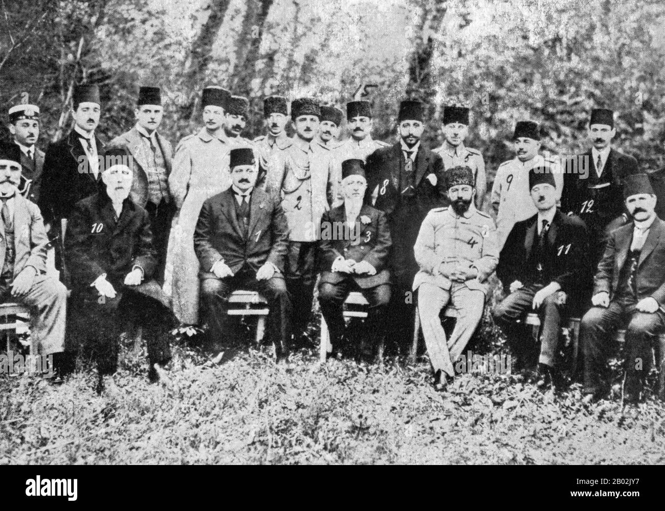 A secret meeting of The Committee of Union & Progress (Young Turkey Party) was held with the following in attendence:  Mehmed Talaat Pasha – The Minister of the Interior; Djemal Bey Pasha – Commander Secret State Police; Enver Pasha – Minister of War; Halil Bey – Foreign Minister; Mehmed Djavid – Minister of Finance; Said Halim – Grand Vizier; Alusa Mussa Kiazim - Sheik-ul-Islam of Kurdistan; Rifaat Bey- President of the Senate; Hachim Bey-Minister of Communications; Kemal Bey - Minister of Agriculture; Mustafa Kemal - Army Chief of Staff  The Purpose of this secret meeting was to arrange a to Stock Photo