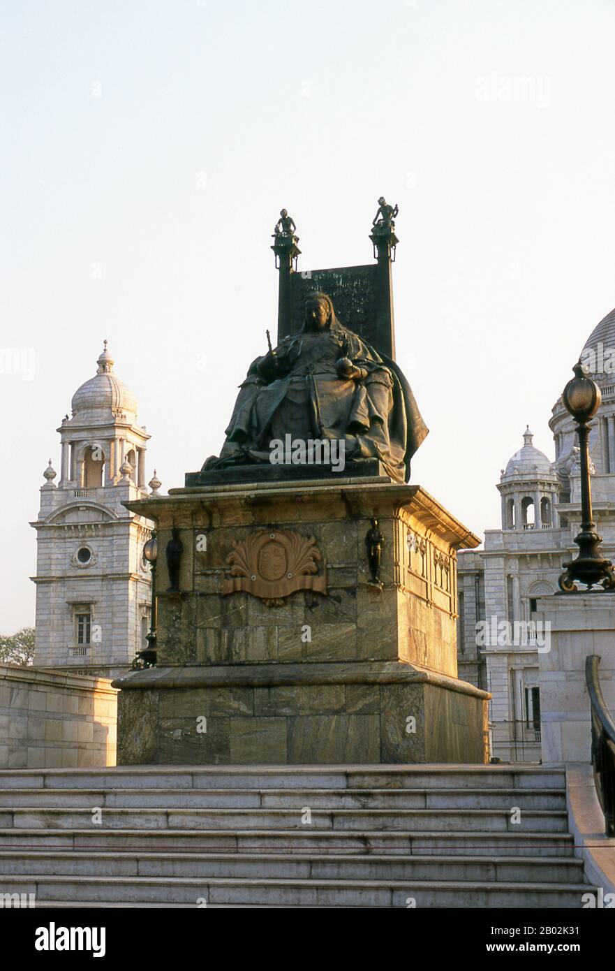 The Victoria Memorial Hall was built between 1906 and 1921 and is dedicated to the memory of Queen Victoria (1819–1901), Empress of India. The memorial was built in an Indo-Saracenic revivalist style and the architect was William Emerson (1843 - 1924).  The tax records of Mughal Emperor Akbar (1584–1598) as well as the work of a 15th century Bengali poet, Bipradaas, both mention a settlement named Kalikata (thought to mean ‘Steps of Kali’ for the Hindu goddess Kali) from which the name Calcutta is believed to derive.  In 1690 Job Charnock, an agent of the East India Company, founded the first Stock Photo