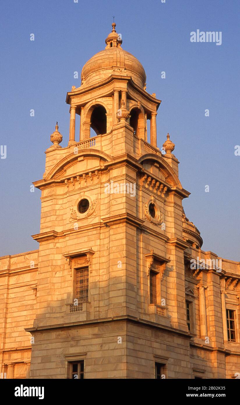 The Victoria Memorial Hall was built between 1906 and 1921 and is dedicated to the memory of Queen Victoria (1819–1901), Empress of India. The memorial was built in an Indo-Saracenic revivalist style and the architect was William Emerson (1843 - 1924).  The tax records of Mughal Emperor Akbar (1584–1598) as well as the work of a 15th century Bengali poet, Bipradaas, both mention a settlement named Kalikata (thought to mean ‘Steps of Kali’ for the Hindu goddess Kali) from which the name Calcutta is believed to derive.  In 1690 Job Charnock, an agent of the East India Company, founded the first Stock Photo