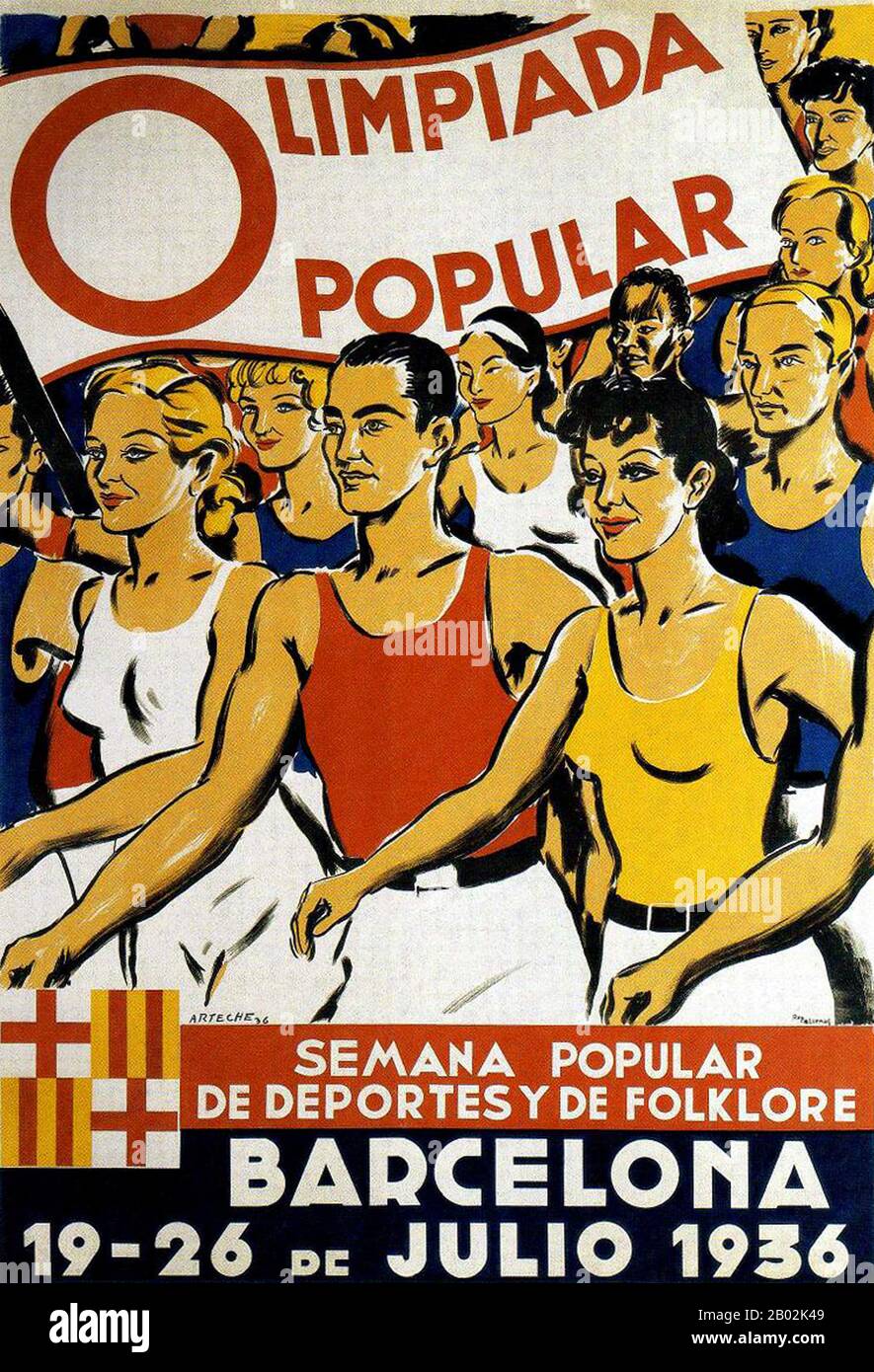 The People's Olympiad (Catalan: Olimpíada Popular, Spanish Olimpiada Popular) was a planned international multi-sport event that was intended to take place in Barcelona, the capital of the autonomous region of Catalonia within the Spanish Republic. It was conceived as a protest event against the 1936 Summer Olympics being held in Berlin during the Nazi regime.  Despite gaining considerable support, the People's Olympiad was never held, as a result of the outbreak of the Spanish Civil War. Barcelona would later host the 1992 Summer Olympics, after the Spanish transition to democracy that follow Stock Photo