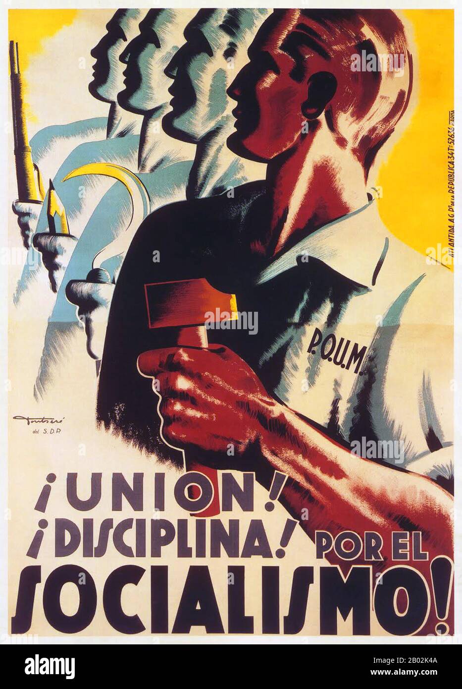 The Workers' Party of Marxist Unification (Spanish: Partido Obrero de Unificación Marxista, POUM; Catalan: Partit Obrer d'Unificació Marxista) was a Spanish communist political party formed during the Second Republic and mainly active around the Spanish Civil War.  It was formed by the fusion of the Trotskyist Communist Left of Spain (Izquierda Comunista de España, ICE) and the Workers and Peasants' Bloc (BOC, affiliated with the Right Opposition) against the will of Leon Trotsky, with whom the former broke.  The writer George Orwell served with the party and witnessed the Stalinist repression Stock Photo