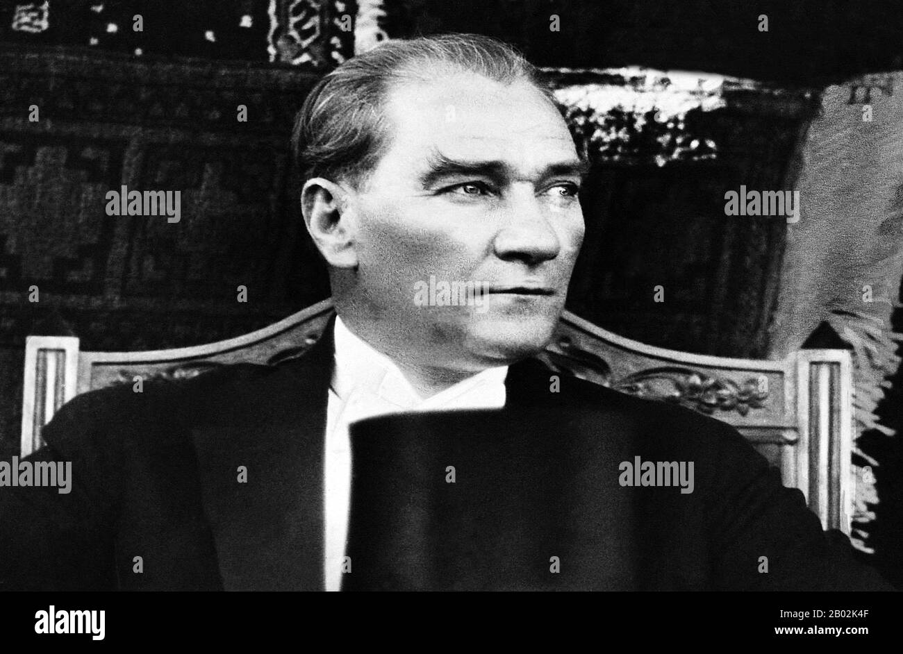 Mustafa Kemal Atatürk (1881–10 November 1938) was an Ottoman and Turkish army officer, revolutionary statesman, writer, and the first President of Turkey.  He is credited with being the founder of the modern Turkish state. Atatürk was a military officer during World War I. Following the defeat of the Ottoman Empire in World War I, he led the Turkish national movement in the Turkish War of Independence.  Having established a provisional government in Ankara, he defeated the forces sent by the Allies. His military campaigns gained Turkey independence. Atatürk then embarked upon a program of poli Stock Photo