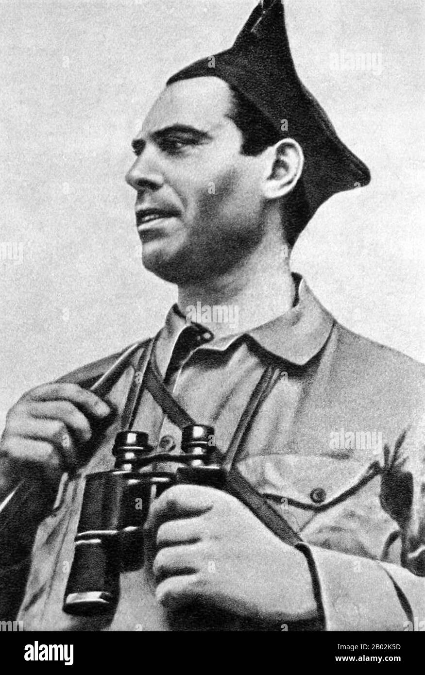 José Buenaventura Durruti Dumange (14 July 1896 – 20 November 1936) was a central figure of Spanish anarchism during the period leading up to and including the Spanish Civil War.  Anarchism has historically gained more support and influence in Spain than anywhere else, especially before Francisco Franco's victory in the Spanish Civil War of 1936–1939.  There were several variants of anarchism in Spain: expropriative anarchism in the period leading up to the conflict, the peasant anarchism in the countryside of Andalusia; urban anarcho-syndicalism in Catalonia, particularly its capital Barcelon Stock Photo