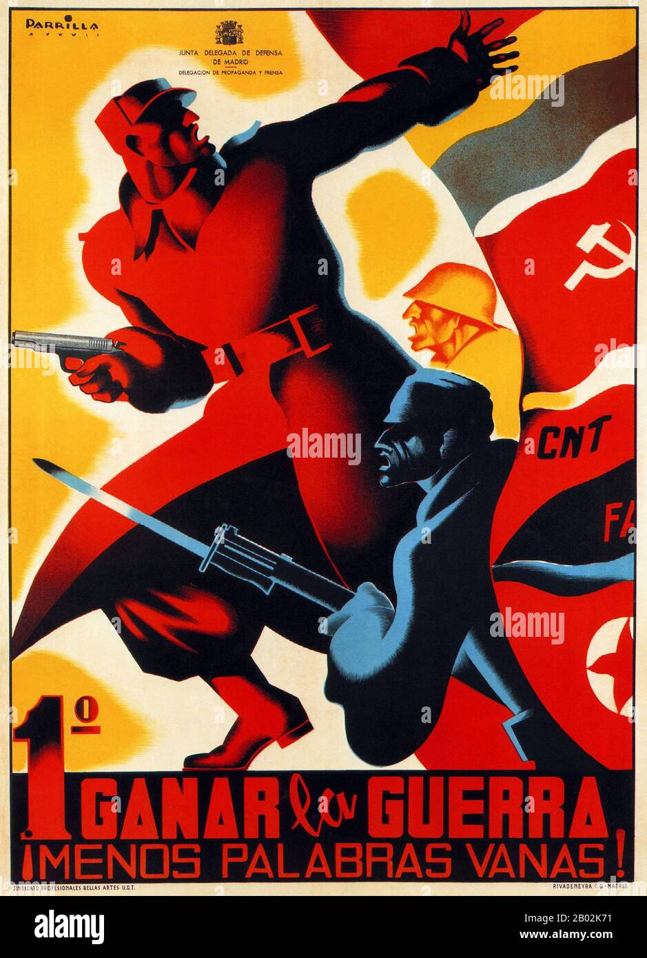 The Spanish Civil War was fought from 17 July 1936 to 1 April 1939 between the Republicans, who were loyal to the democratically elected Spanish Republic, and the Nationalists, a rebel group led by General Francisco Franco. The Nationalists prevailed, and Franco ruled Spain for the next 36 years, from 1939 until his death in 1975.  The Nationalists advanced from their strongholds in the south and west, capturing most of Spain's northern coastline in 1937. They also besieged Madrid and the area to its south and west for much of the war. Capturing large parts of Catalonia in 1938 and 1939, the w Stock Photo