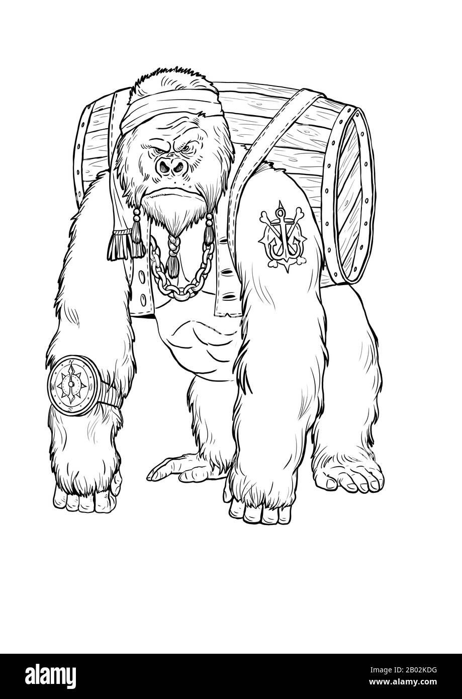 Big gorilla pirate coloring page. Outline clipart illustration. Monkey and apes pirates coloring sheet. Stock Photo