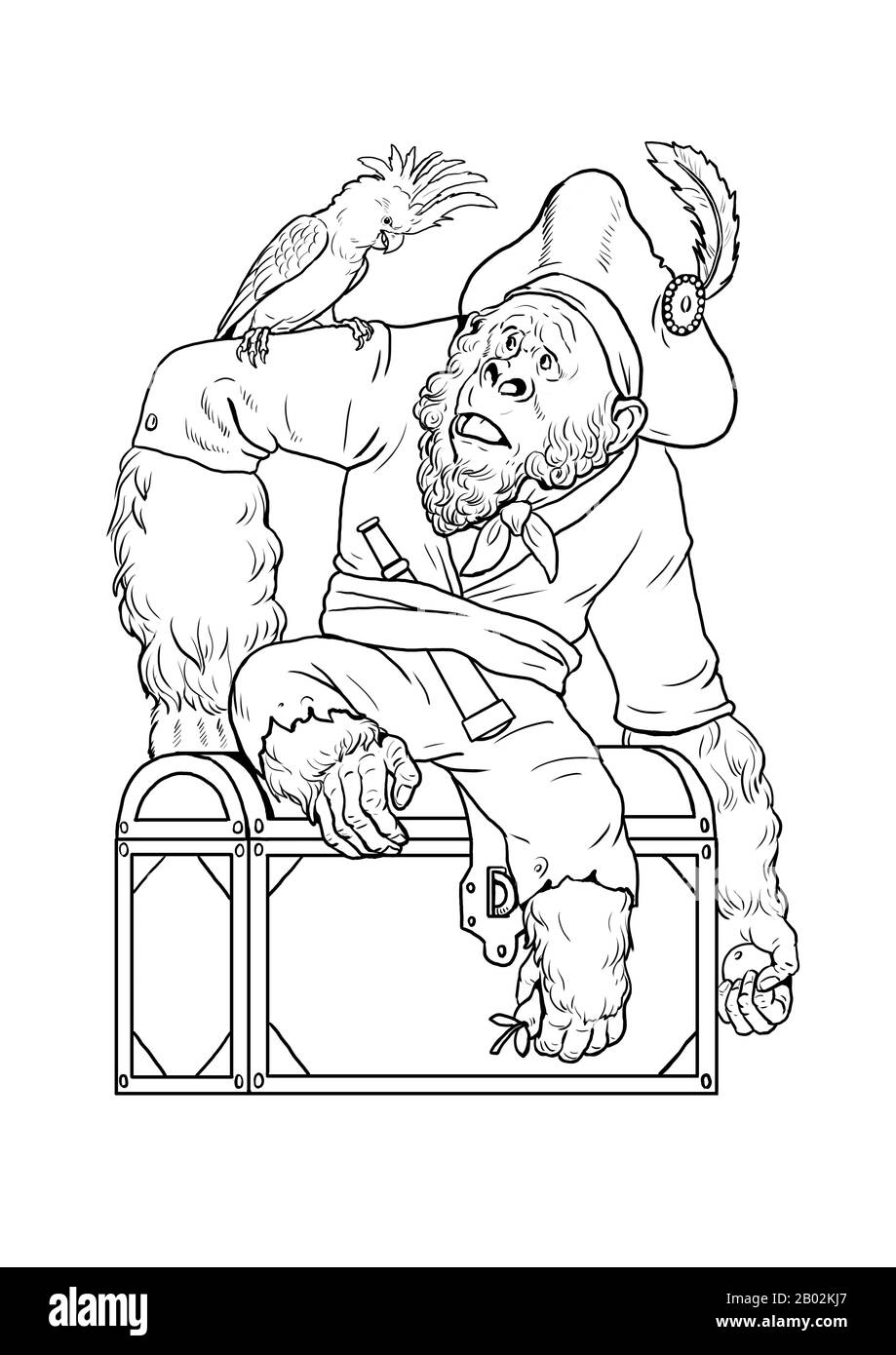 Big gorilla pirate with cockatoo coloring page. Outline clipart illustration. Monkey and apes pirates coloring sheet. Stock Photo