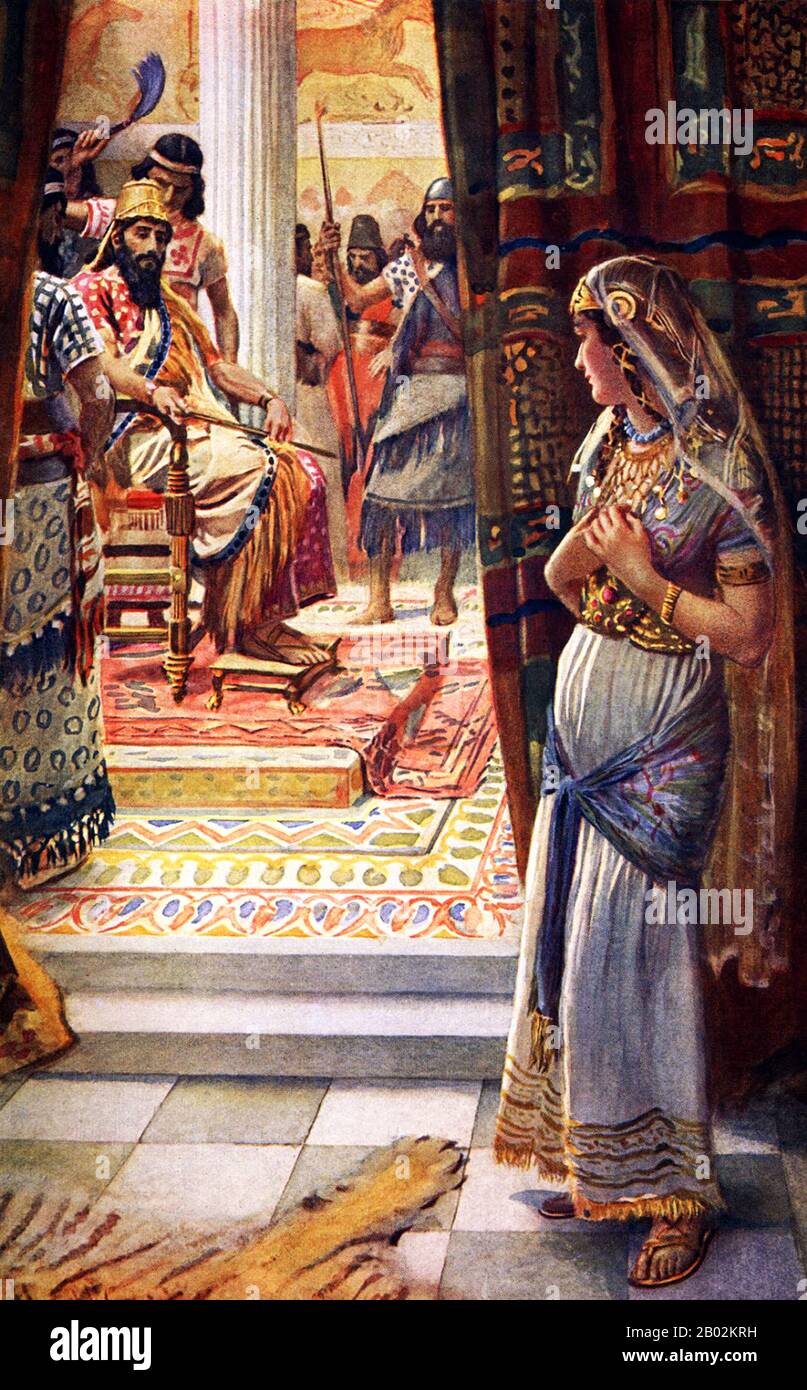 Esther (Hebrew: אֶסְתֵּרr), born Hadassah, is the eponymous heroine of the Biblical 'Book of Esther'.  According to the Bible, she was a Jewish queen of the Persian king Ahasuerus. Ahasuerus is traditionally identified with Xerxes I (r. 486-465 BCE) during the time of the Achaemenid empire. Her story is the basis for the celebration of Purim in Jewish tradition. Stock Photo