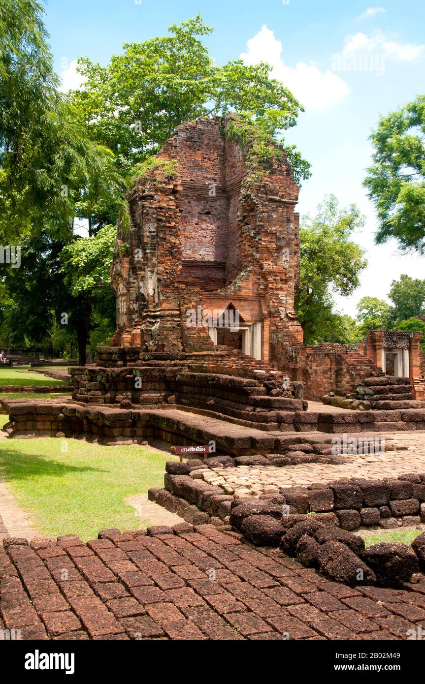 Si Thep, also Sri Thep, (7th – 14th century CE) is an ancient ruined town in Northeast Thailand. Many architectural structures still remain to indicate its past prosperity. It was once the centre of contact between the Dvaravati Kingdom in the central plain basin of Thailand and the Khmer Kingdom in the Northeast. A twin- city, there were over one hundred ancient sites all built with bricks and laterite. There are also remains of several ponds spread out all over the area. Most of the ancient relics recovered are architectural by nature such as elaborate lintels and sema stones. A few of the Stock Photo