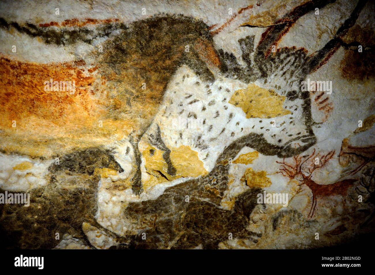 Lascaux is the setting of a complex of caves in southwestern France famous for its Paleolithic cave paintings.  The original caves are located near the village of Montignac, in the department of Dordogne. They contain some of the best-known Upper Paleolithic art. These paintings are estimated to be 17,300 years old. They primarily consist of images of large animals, most of which are known from fossil evidence to have lived in the area at the time.  In 1979, Lascaux was added to the UNESCO World Heritage Sites list along with other prehistoric sites in the Vézère valley. Stock Photo