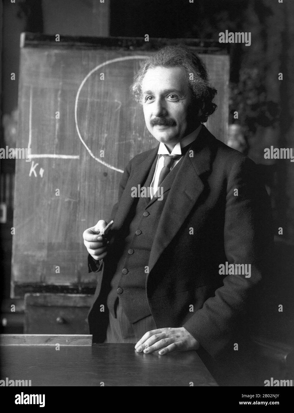 Albert Einstein (14 March 1879 – 18 April 1955) was a German-born theoretical physicist and philosopher of science. He developed the general theory of relativity, one of the two pillars of modern physics (alongside quantum mechanics). He is best known in popular culture for his mass–energy equivalence formula E = mc2 (which has been dubbed 'the world's most famous equation'). He received the 1921 Nobel Prize in Physics 'for his services to theoretical physics, and especially for his discovery of the law of the photoelectric effect'. The latter was pivotal in establishing quantum theory.  Einst Stock Photo