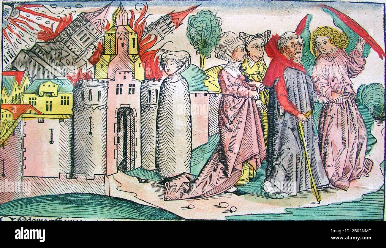 Sodom and Gomorrah were cities mentioned in the Book of Genesis and throughout the Hebrew Bible, the New Testament and in deuterocanonical sources, as well as in the Qur'an.  Divine judgment by God was passed upon Sodom and Gomorrah and two neighboring cities, which were completely consumed by fire and brimstone. In Abrahamic religions, Sodom and Gomorrah have become synonymous with impenitent sin, and their fall with a proverbial manifestation of divine retribution.  Sodom and Gomorrah have been used as metaphors for vice and homosexuality viewed as a deviation. The story has therefore given Stock Photo