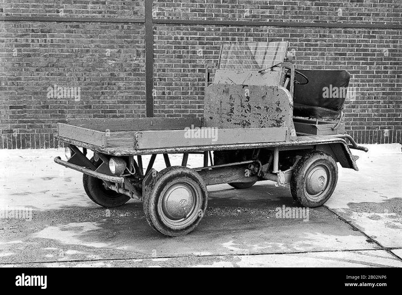 The Volkswagen Plattenwagen was never sold to the public, and was used only by the Volkswagen factory in Wolfsburg as a parts runabout.  When Dutch Volkswagen importer Ben Pon visited the Wolfsburg factory in 1947, he spotted a Plattenwagen based on the Volkswagen Beetle. This gave him the idea for a Volkswagen commercial vehicle which would become the future Volkswagen Transporter. Stock Photo