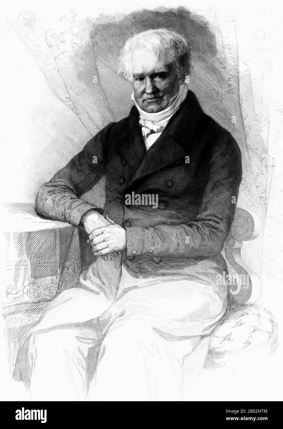 Friedrich Wilhelm Heinrich Alexander von Humboldt was a Prussian geographer, naturalist, and explorer, and the younger brother of the Prussian minister, philosopher and linguist Wilhelm von Humboldt (1767–1835). Humboldt's quantitative work on botanical geography laid the foundation for the field of biogeography.  Between 1799 and 1804, Humboldt travelled extensively in Latin America, exploring and describing it for the first time from a modern scientific point of view. His description of the journey was written up and published in an enormous set of volumes over 21 years. He was one of the fi Stock Photo