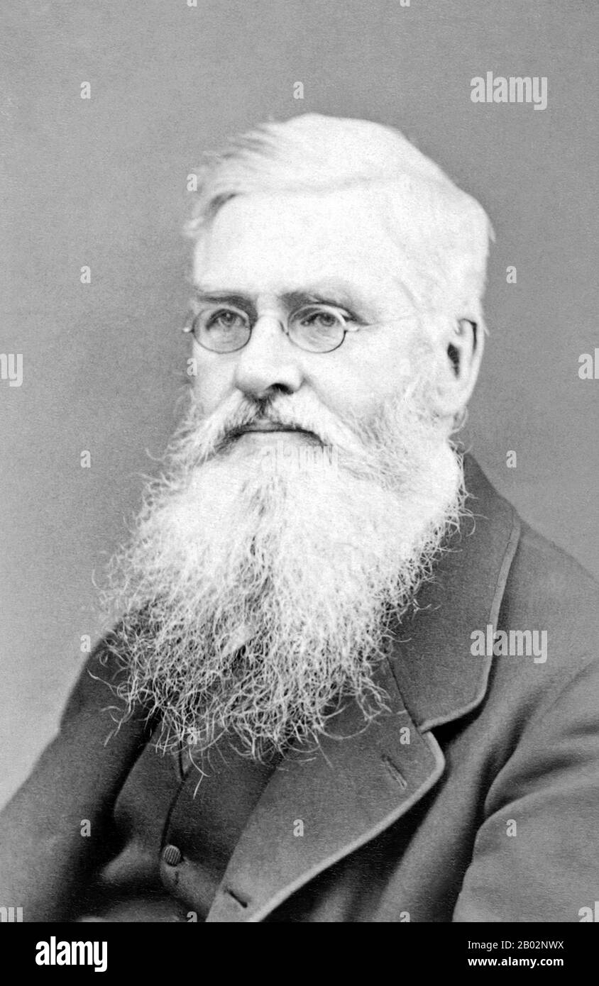 Alfred Russel Wallace OM FRS (8 January 1823 – 7 November 1913) was a British naturalist, explorer, geographer, anthropologist, and biologist. He is best known for independently conceiving the theory of evolution through natural selection; his paper on the subject was jointly published with some of Charles Darwin's writings in 1858. This prompted Darwin to publish his own ideas in On the Origin of Species.  Wallace did extensive fieldwork, first in the Amazon River basin and then in the Malay Archipelago, where he identified the faunal divide now termed the Wallace Line, which separates the In Stock Photo