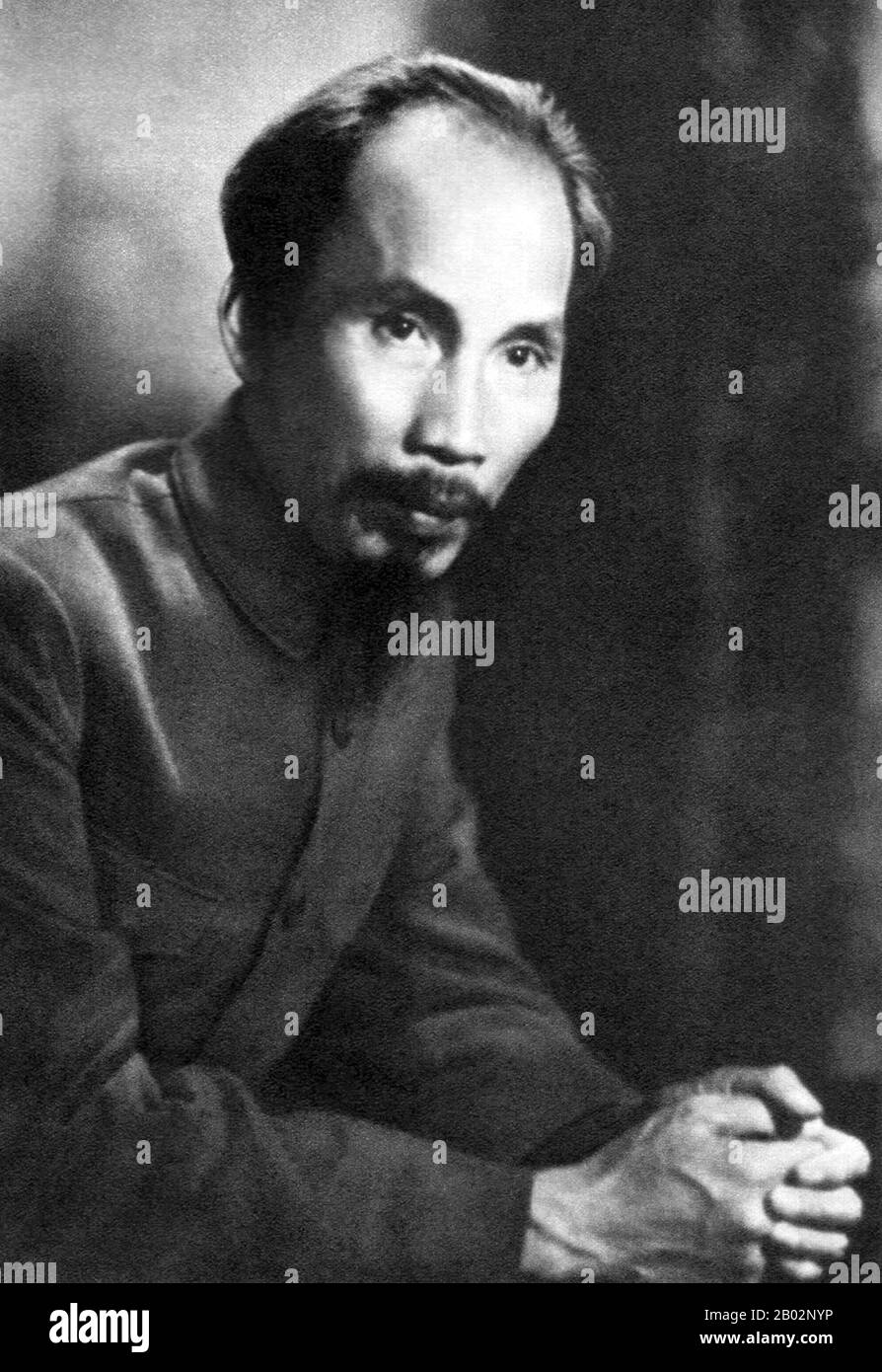 Hồ Chí Minh, born Nguyễn Sinh Cung and also known as Nguyễn Ái Quốc (19 May 1890 – 3 September 1969) was a Vietnamese Communist revolutionary leader who was prime minister (1946–1955) and president (1945–1969) of the Democratic Republic of Vietnam (North Vietnam).  He formed the Democratic Republic of Vietnam and led the Viet Cong during the Vietnam War until his death. Hồ led the Viet Minh independence movement from 1941 onward, establishing the communist-governed Democratic Republic of Vietnam in 1945 and defeating the French Union in 1954 at Dien Bien Phu.  He lost political power inside No Stock Photo