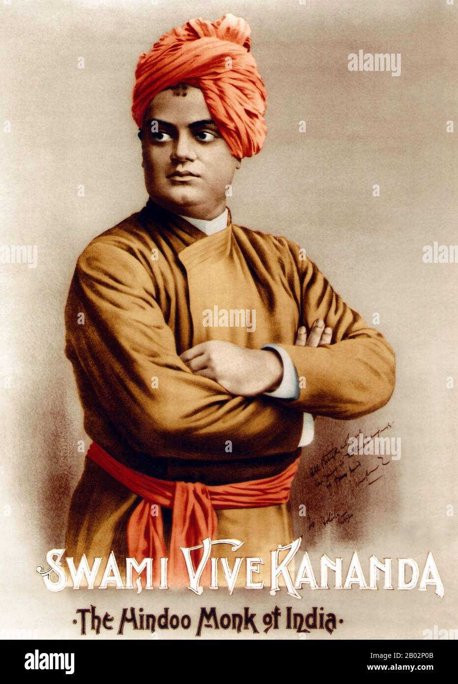 Swami Vivekananda (12 January 1863 – 4 July 1902), born Narendra Nath Datta, was an Indian Hindu monk and chief disciple of the 19th-century saint Ramakrishna. He was a key figure in the introduction of the Indian philosophies of Vedanta and Yoga to the western world and was credited with raising interfaith awareness, bringing Hinduism to the status of a major world religion in the late 19th century.  He was a major force in the revival of Hinduism in India and contributed to the notion of nationalism in colonial India. Vivekananda founded the Ramakrishna Math and the Ramakrishna Mission. He i Stock Photo