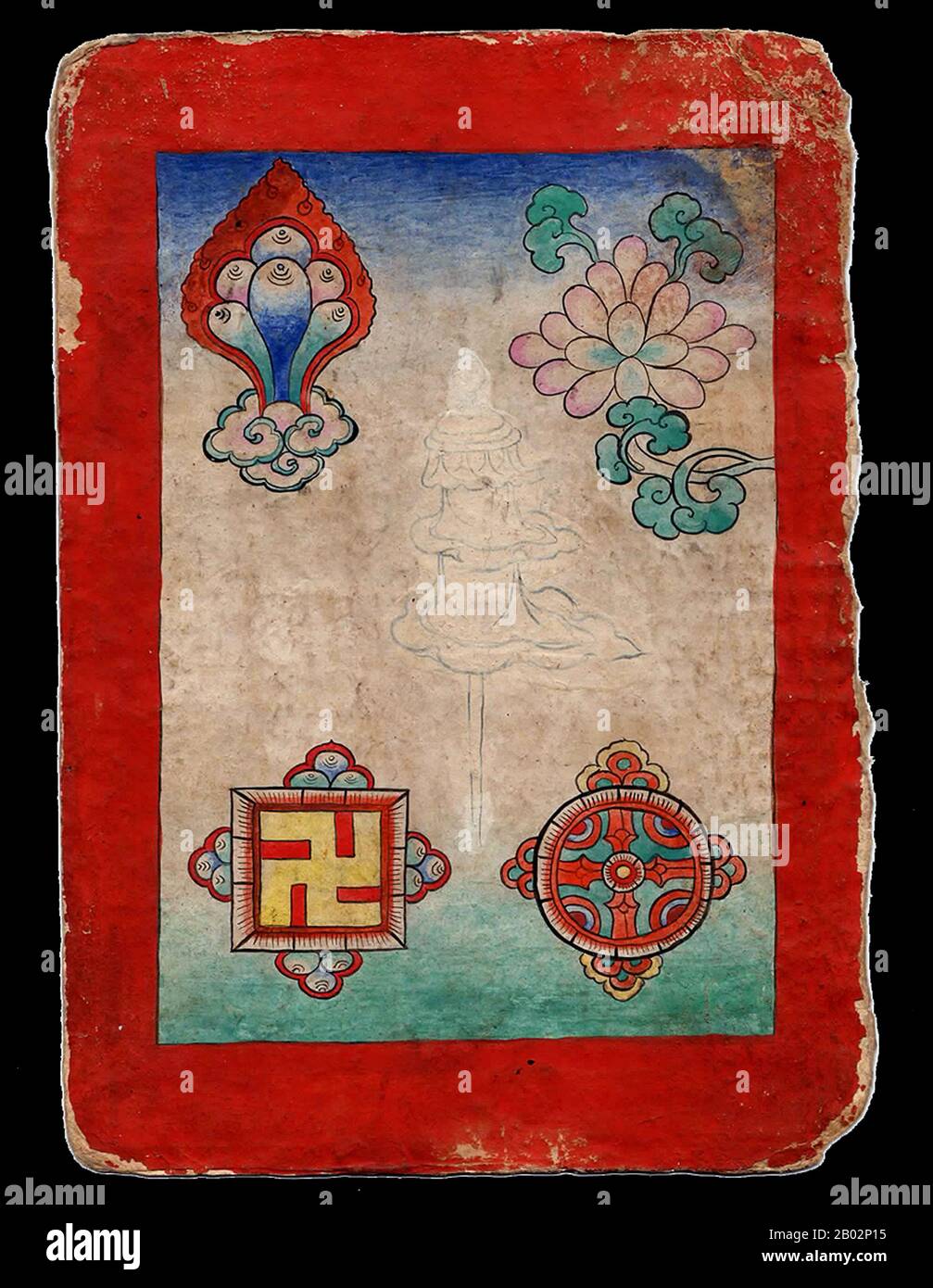 Displaying various auspicious symbols and including a Svastika or Swastika which means 'auspicious' in the Sanskrit language. It is called yungdrung in the ancient Zhangzhung language of Western Tibet and means 'everlasting'.  The left turning Svastika is the principal religious symbol of the Yungdrung Bön tradition. Stock Photo