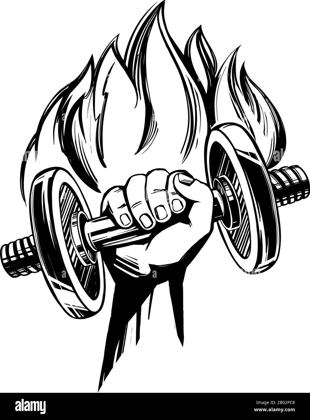 arm, strong hand holding a dumbbell with the fire emblem, icon cartoon hand drawn vector illustration sketch. Stock Vector