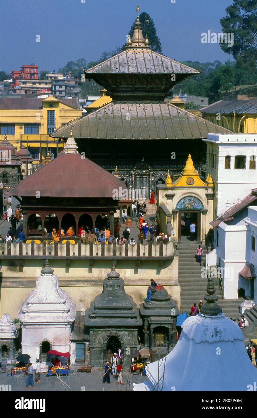 The most revered Hindu site in Nepal is the extensive Pashupatinath Temple complex, five kilometres east of central Kathmandu. The focus of devotion here is a large silver Shivalingam with four faces of Shiva carved on its sides, making it a 'Chaturmukhi-Linga', or four-faced Shivalingam. Pashupati is one of Shiva’s 1,008 names, his manifestation as 'Lord of all Beasts' (pashu means 'beasts', pati means 'lord'); he is considered the guardian deity of Nepal.   The main temple building around the Shivalingam was built under King Birpalendra Malla in 1696, however the temple is said to have alrea Stock Photo