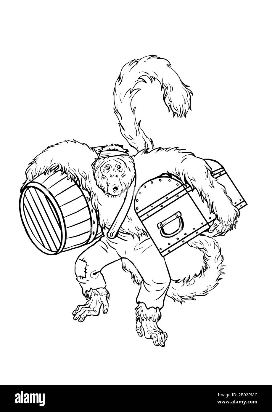 Spider monkey with treasure coloring page. Funny outline clipart illustration. Monkey and apes pirates coloring sheet. Stock Photo