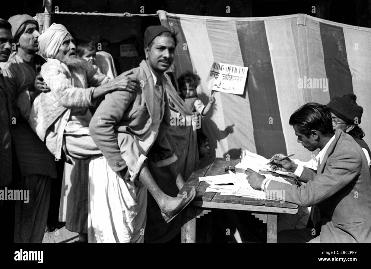 The Indian general election of 1951–52 elected the first Lok Sabha since India became independent in August 1947. Until this point, the Indian Constituent Assembly had served as an interim legislature.  The Indian National Congress (INC) won a landslide victory, winning 364 of the 489 seats and 45% of the total votes polled. This was over four times as many votes as the second-largest party. Jawaharlal Nehru became the first democratically elected Prime Minister of the country. Stock Photo