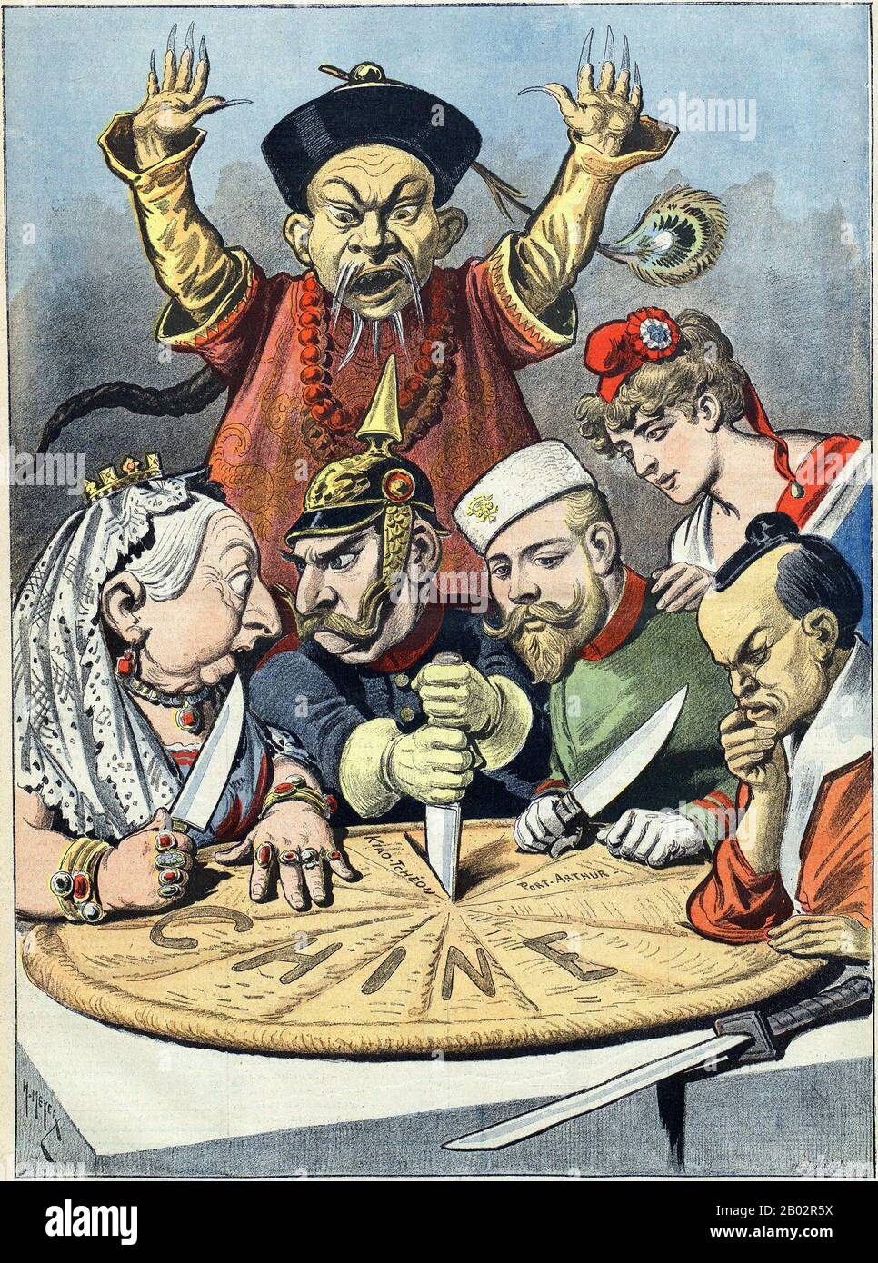 In this French political cartoon from 1898 a pastry representing China is being divided between caricatures of Queen Victoria of the United Kingdom and William II of Germany (who is squabbling with Queen Victoria over a borderland piece, whilst thrusting a knife into the pie to signify aggressive German intentions).  Also present are Nicholas II of Russia, who is eyeing a particular piece, the French Marianne (who is diplomatically shown as not participating in the carving, and is depicted as close to Nicholas II, as a reminder of the Franco-Russian Alliance), and a samurai representing Japan, Stock Photo