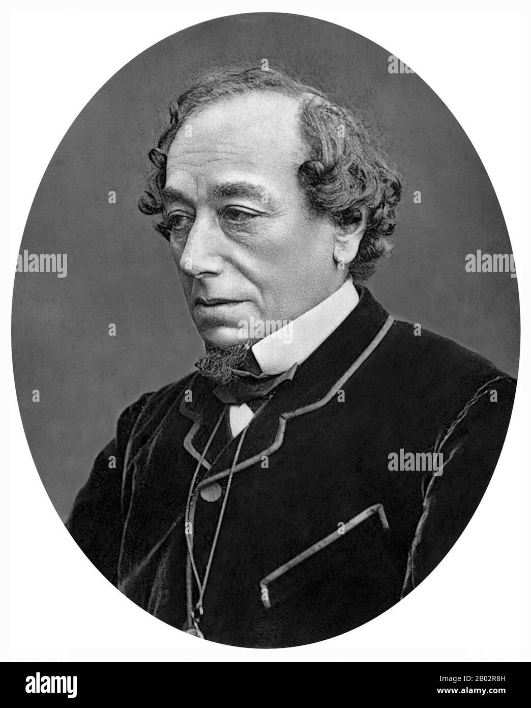 Benjamin Disraeli, 1st Earl of Beaconsfield, KG, PC, FRS, (21 December 1804 – 19 April 1881) was a British Conservative politician, writer and aristocrat who twice served as Prime Minister. He played a central role in the creation of the modern Conservative Party, defining its policies and its broad outreach.  Disraeli is remembered for his influential voice in world affairs, his political battles with the Liberal leader William Ewart Gladstone, and his one-nation conservatism or 'Tory democracy'. He made the Conservatives the party most identified with the glory and power of the British Empir Stock Photo